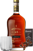 Load image into Gallery viewer, An image of a Appleton Estate 15YO Rum Gift Box including a stylish tumbler glass and a bar of hand-made Bennetts dark chocolate