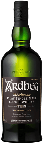 An image of a bottle of superb, iconic, multi-award winning Ardbeg 10 Year Old Single Malt Scotch Whisky 700ml