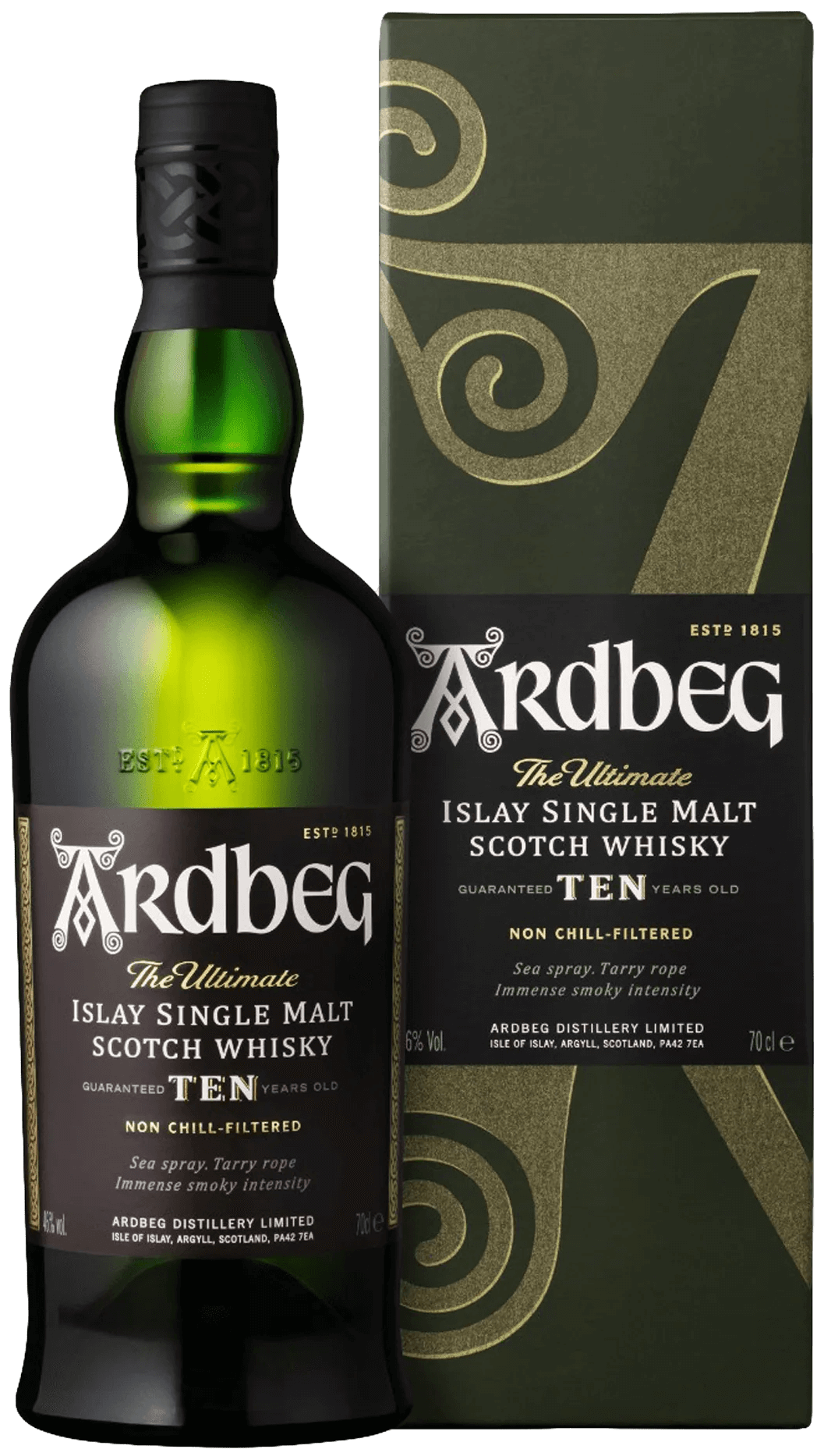 Load image into Gallery viewer, A superb, iconic, multi-award winning Ardbeg 10 Year Old Single Malt Scotch Whisky next to its fine Gift Box