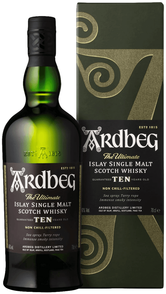 A superb, iconic, multi-award winning Ardbeg 10 Year Old Single Malt Scotch Whisky next to its fine Gift Box