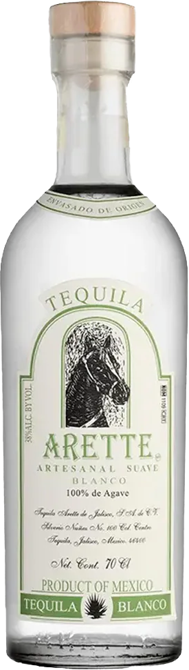 Tequila bottle labeled Arette Suave Blanco Tequila with a horse illustration on a white background