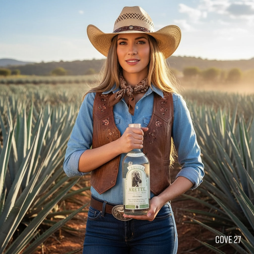Load image into Gallery viewer, Woman in cowboy hat and vest holding a bottle of Arette Artesanal Suave Blanco tequila in a field with agave plants.