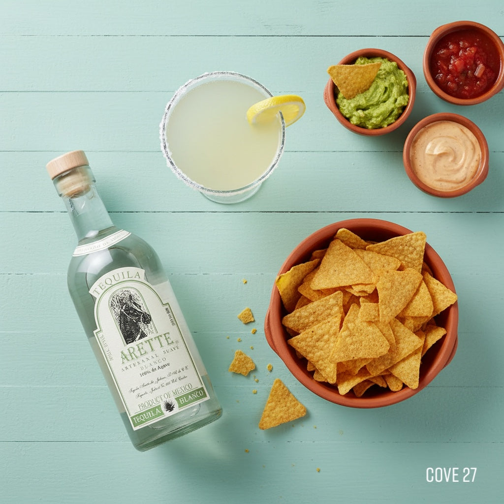 Load image into Gallery viewer, Bottle of Arette Artesanal Suave Blanco tequila with a glass of limeade, tortilla chips, and bowls of guacamole and salsa on a light blue wooden surface.