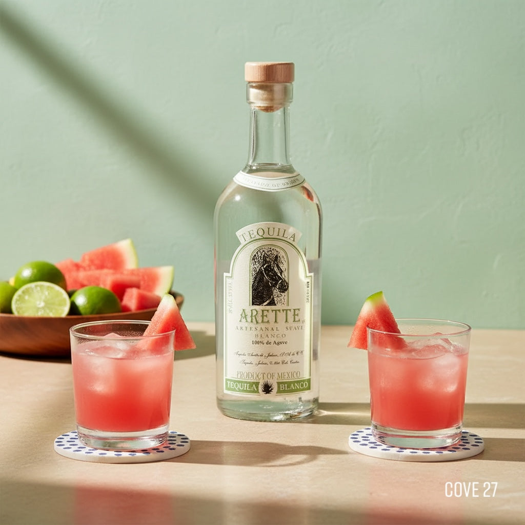 Load image into Gallery viewer, Arette Artesanal Suave Blanco tequila bottle with two glasses of watermelon juice on a table.