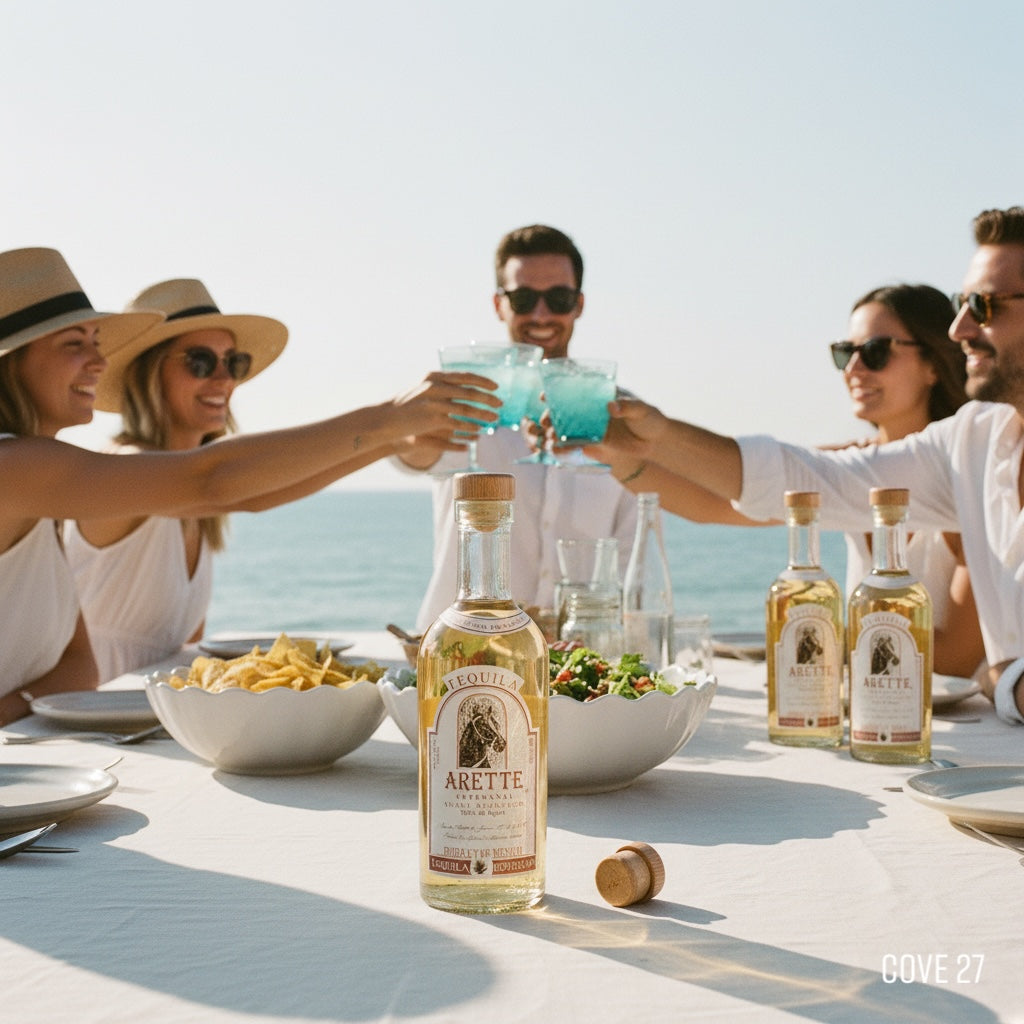 Load image into Gallery viewer, Group of people toasting with drinks at a table by the sea, with Arette Suave Reposado tequila bottles in the foreground.