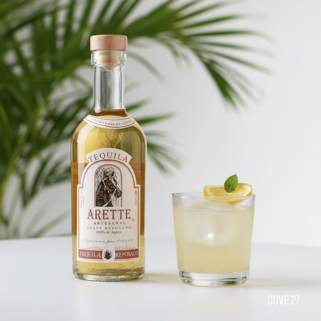 Load image into Gallery viewer, Tequila bottle labeled 'AretteSuave Reposado tequila' with a glass of tequila cocktail on a white surface with greenery in the background