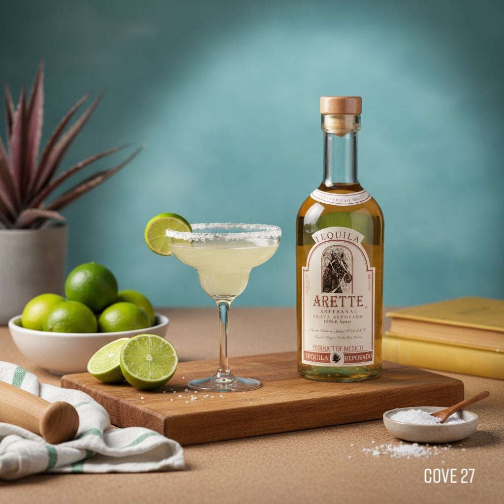 Load image into Gallery viewer, Bottle of Arette Suave Reposado tequila with a margarita and limes on a wooden cutting board.