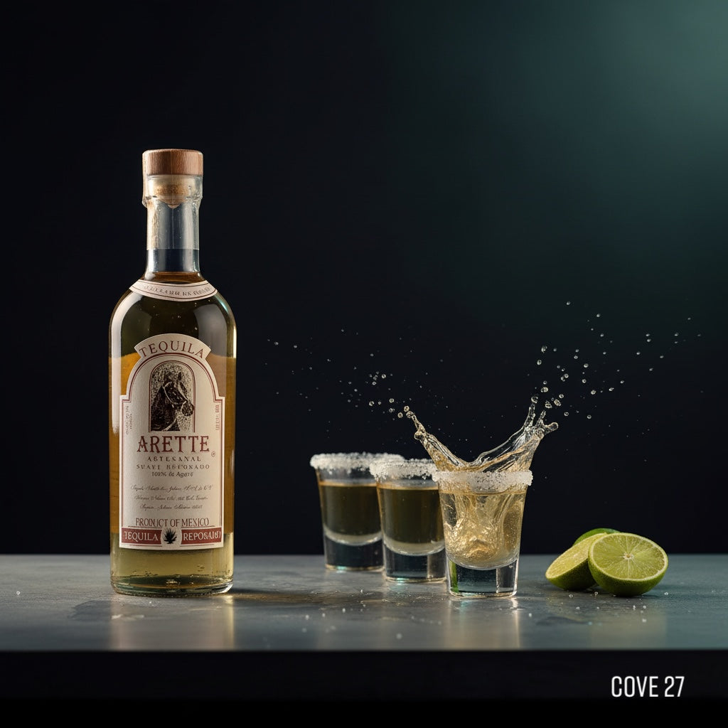 Load image into Gallery viewer, A bottle of Arette Suave Reposado tequila with shots and lime wedges on a dark background