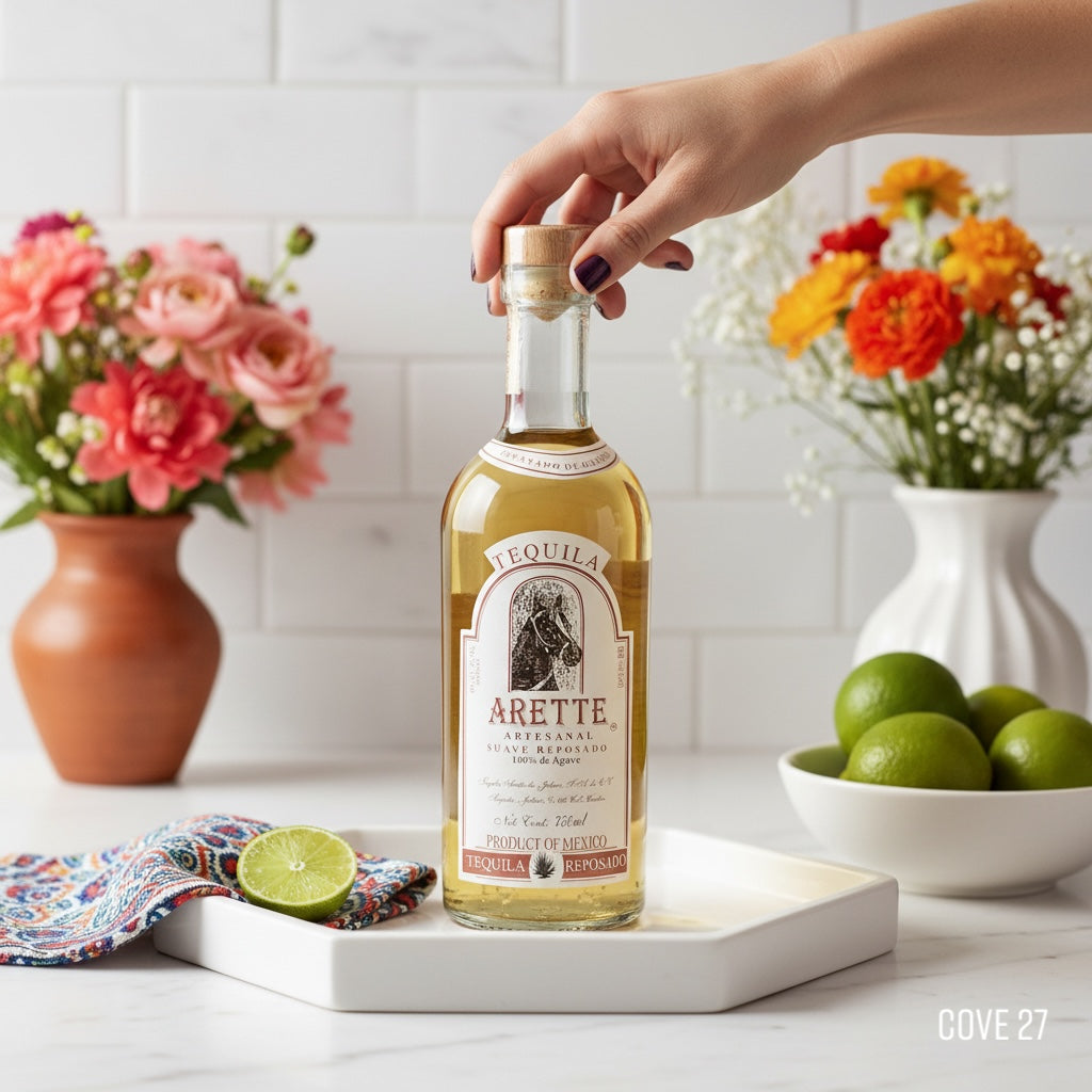 Load image into Gallery viewer, Bottle of Arette SUAVE REPOSADO tequila on a table with flowers and limes in the background