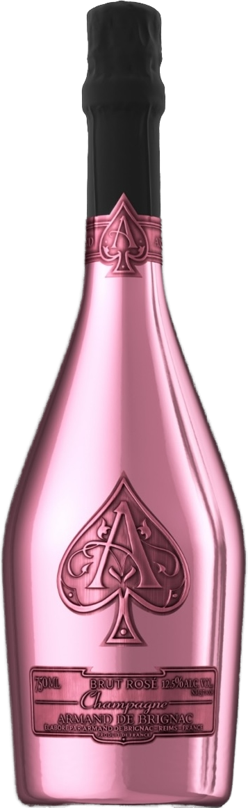 Load image into Gallery viewer, A pink bottle of Armand de Brignac Ace of Spades Rosé Champagne with a black capsule and a large embossed spade logo on the front, isolated on a white background.