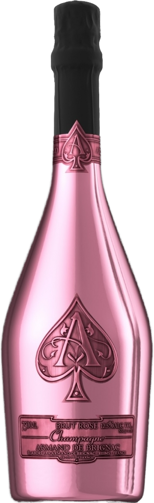 A pink bottle of Armand de Brignac Ace of Spades Rosé Champagne with a black capsule and a large embossed spade logo on the front, isolated on a white background.