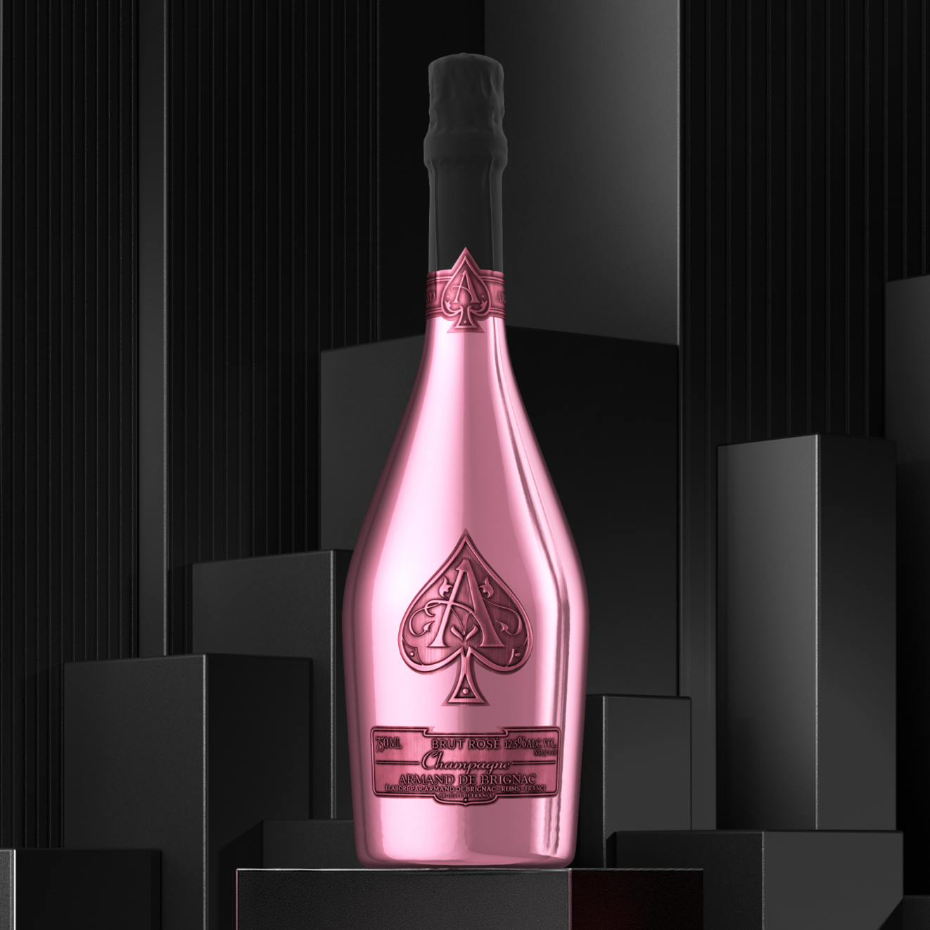 Load image into Gallery viewer, A pink champagne bottle of Armand de Brignac Ace of Spades Rosé Champagne with a large black spade symbol on the front, standing on a dark geometric platform against a black background.