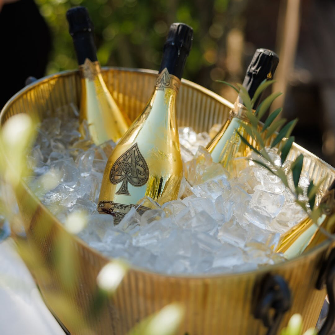Load image into Gallery viewer, Gold bottles of champagne in a gold bucket of ice with a garden background