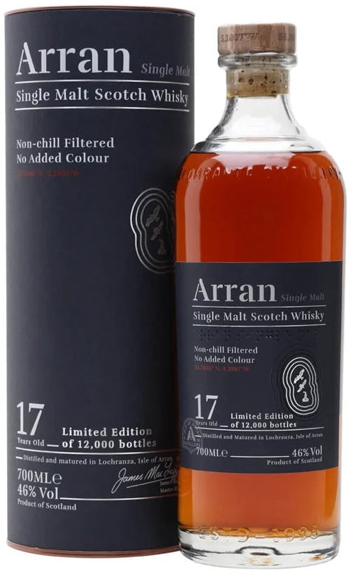 An image of a bottle of the Limited Edition Arran 17 Year Old Single Malt Scotch Whisky 700ml besides it's handsome gift tube box