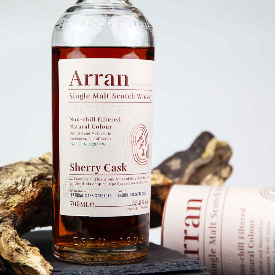 Arran Sherry Cask Scotch Whisky bottle with label on a wooden surface
