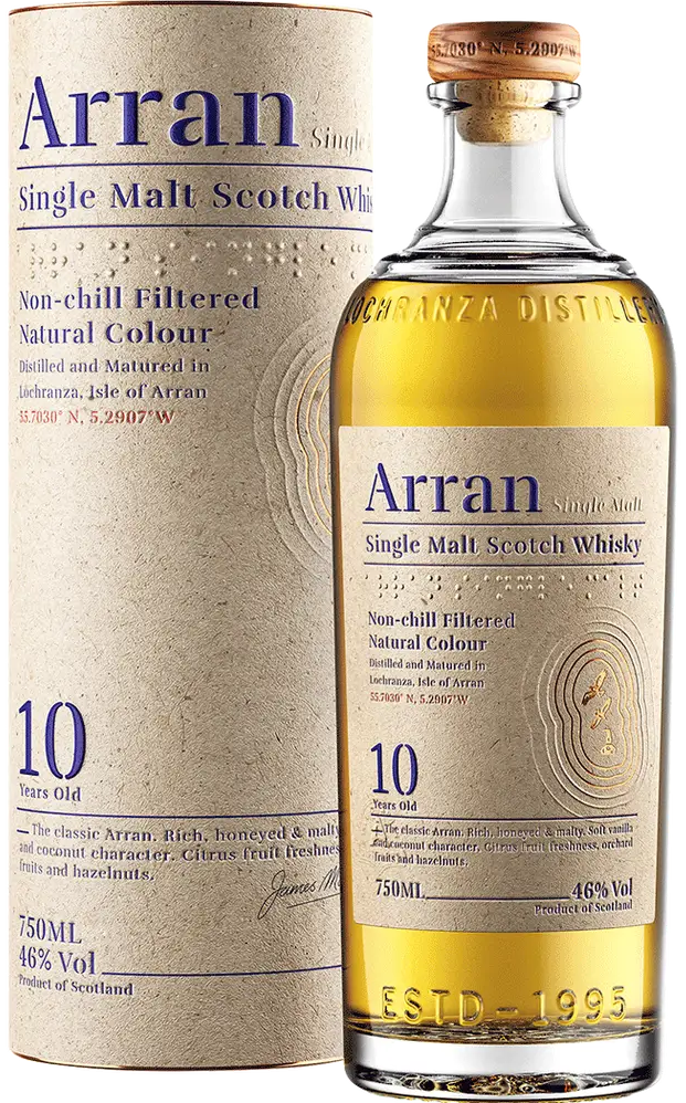 Load image into Gallery viewer, An image of a bottle of Arran 10 Year Old Single Malt Scotch Whisky next to its fine gift tube box