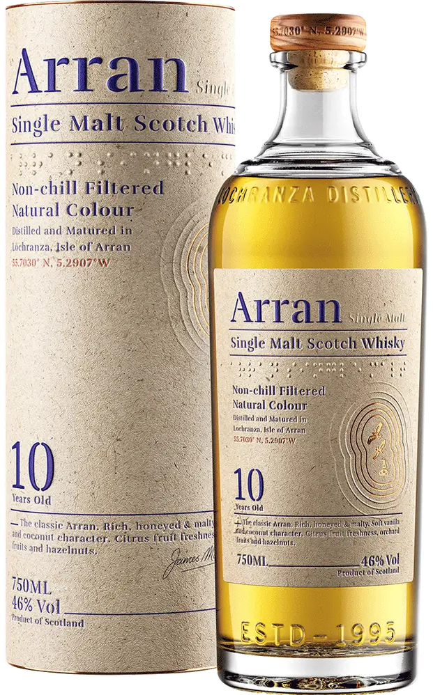 An image of a bottle of Arran 10 Year Old Single Malt Scotch Whisky next to its fine gift tube box
