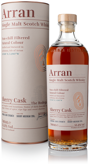 An image of a bottle of Arran Bodega Sherry Cask Single Malt Whisky next to its Gift Tube Box