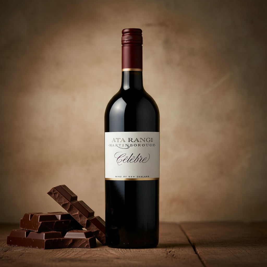 Load image into Gallery viewer, A bottle of Ata Rangi Marlborough Celebre red wine stands on a wooden surface against a textured warm brown background, with dark chocolate pieces placed at its base.