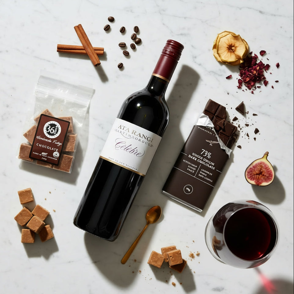 Load image into Gallery viewer, A styled flat-lay of a bottle of Ata Rangi Martinborough Célèbre red blend wine, accompanied by a Bennett's chocolate bar, a bag of 36 Degrees chocolate fudge, cinnamon sticks, dried fig, and a glass of red wine on a white marble background.