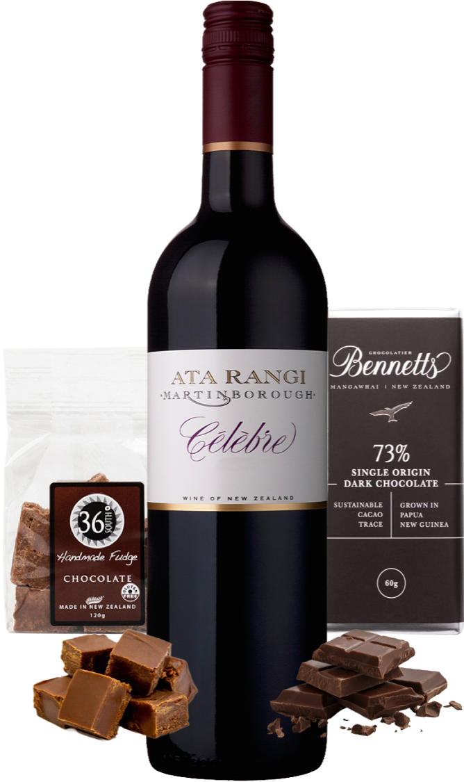 Load image into Gallery viewer, A bottle of Ata Rangi Martinborough Célèbre red blend wine centred on a white background, flanked by chocolate products: a bag of 36 Degrees Handmade chocolate Fudge pieces, a box of Bennett's 73% single origin dark chocolate, and scattered chocolate pieces at the base.