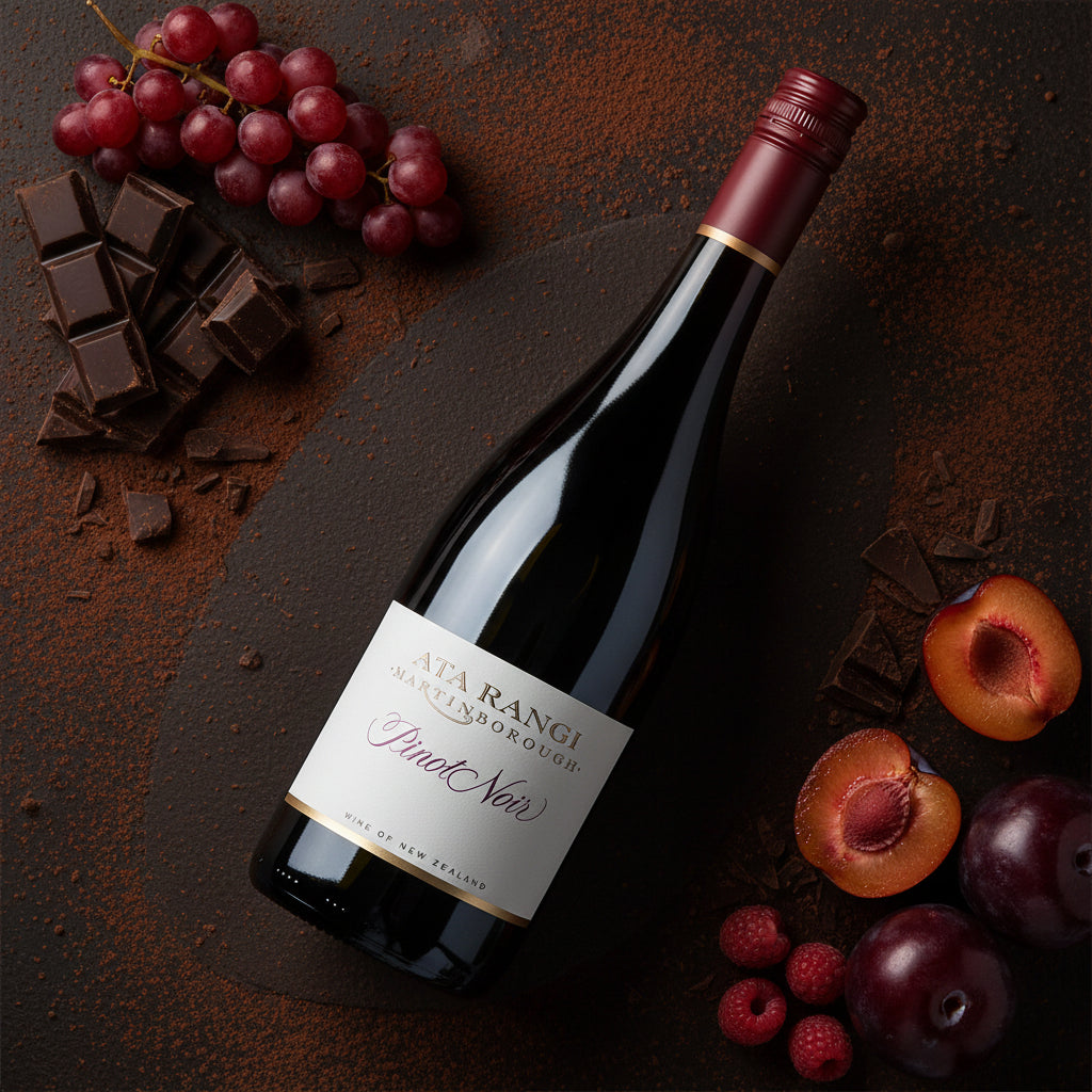 Load image into Gallery viewer, A bottle of Ata Rangi Pinot Noir wine is styled on a dark textured surface with chocolate pieces, red grapes, sliced apricots, and raspberries around it.