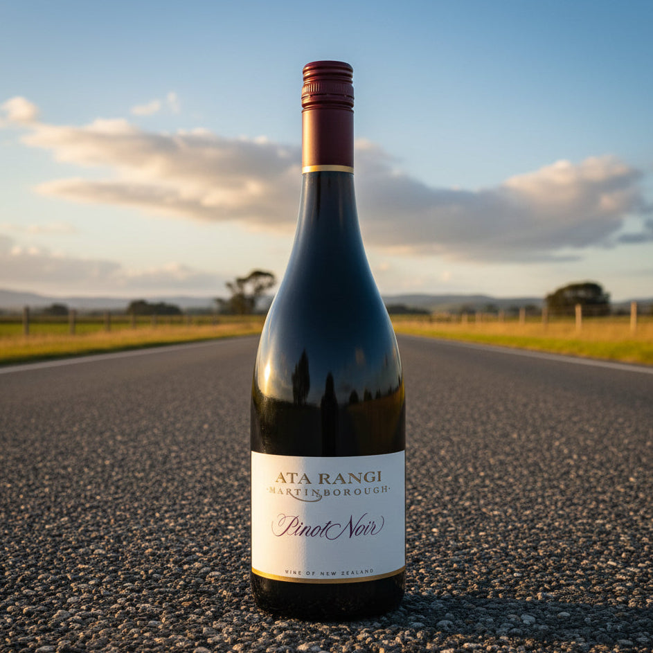 Load image into Gallery viewer, A bottle of Ata Rangi Pinot Noir red wine stands on a paved country road at sunset, with open fields and distant hills under a blue sky in the background.