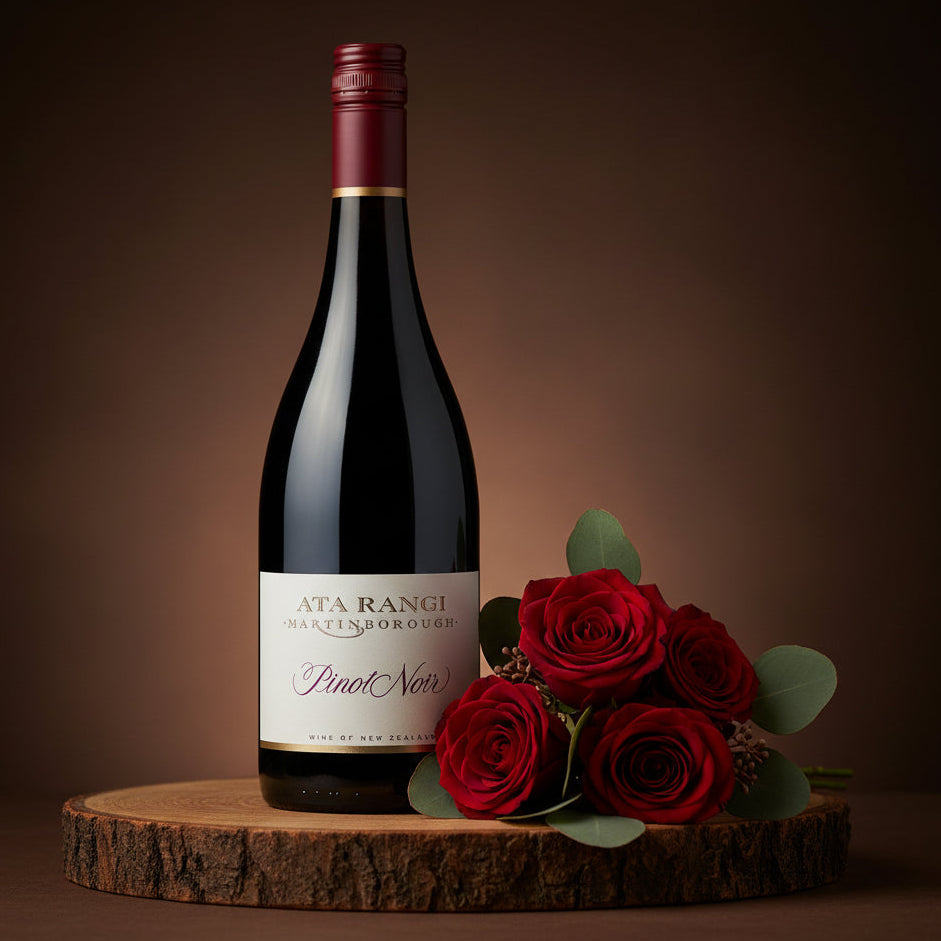 Load image into Gallery viewer, A bottle of Ata Rangi Pinot Noir red wine stands on a round wood slice next to a bouquet of red roses with green leaves, set against a dark brown background.