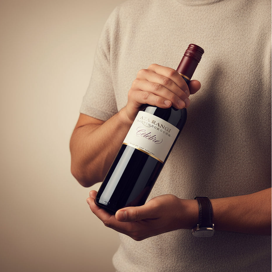 Load image into Gallery viewer, Person holding a bottle of Ata Rangi Celebre red wine with a neutral background