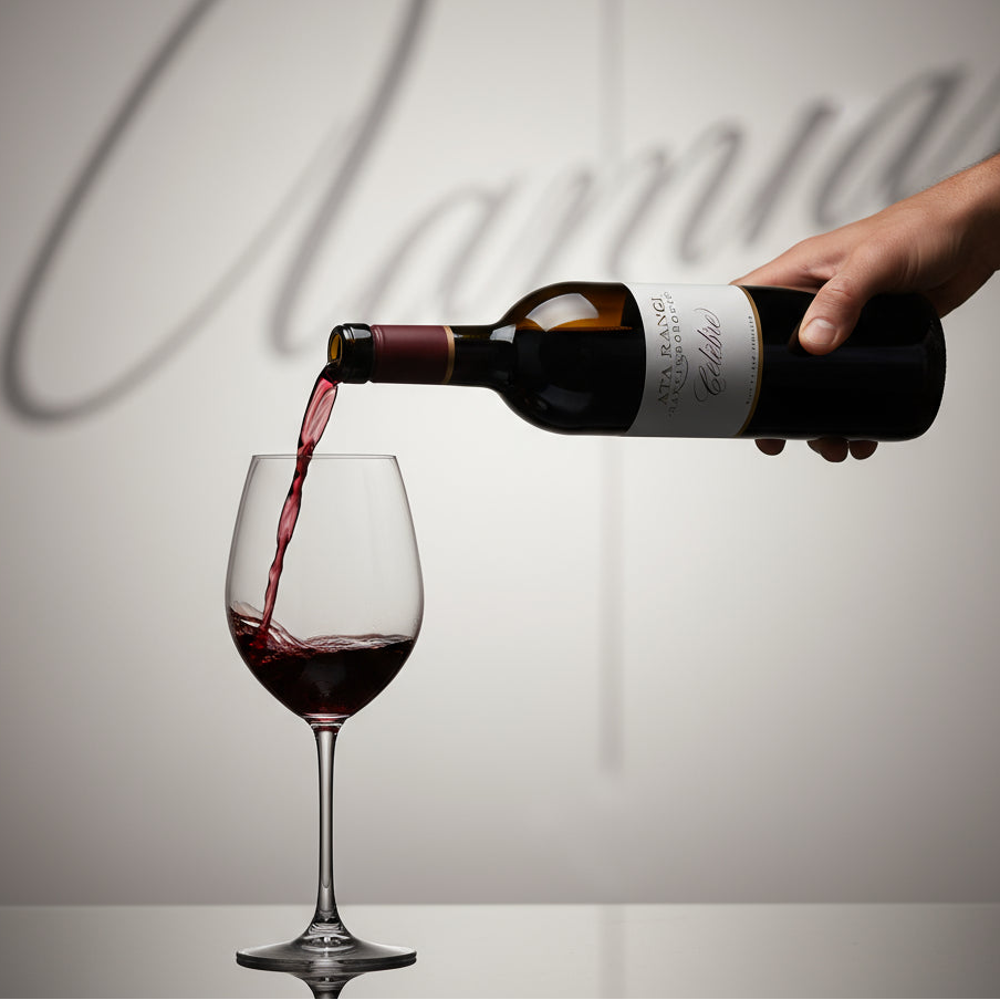 Load image into Gallery viewer, A bottle of Ata Rangi Celebre red wine being poured from a bottle into a glass with a blurred background