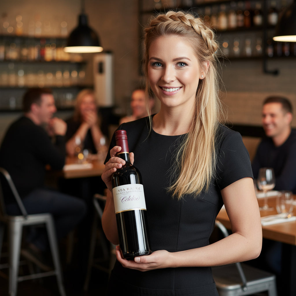 Load image into Gallery viewer, Woman holding a bottle of Ata Rangi Celebre red wine in a restaurant setting
