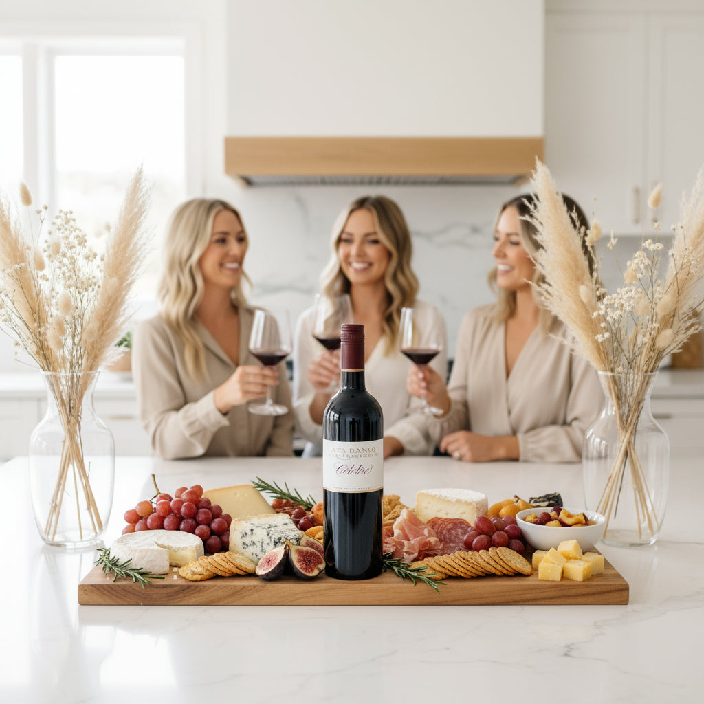 Load image into Gallery viewer, Three women enjoying a bottle of Ata Rangi Celebre red wine and a charcuterie board in a kitchen setting.