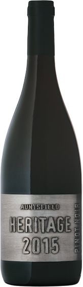 An image of a bottle of Auntsfield 'Heritage' Marlborough Pinot Noir with its metallic label