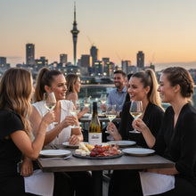 Load image into Gallery viewer, Four women enjoying a bottle of Auntsfield Single Vineyard Chardonnay in an outside restaurant in Auckland, New Zealand.