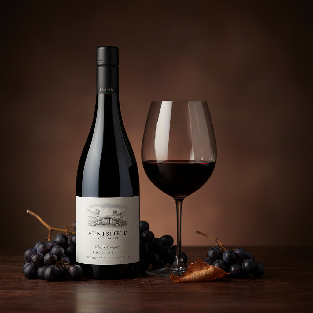 Auntfield Pinot Noir bottle with a glass of red wine and grapes on a wooden surface.