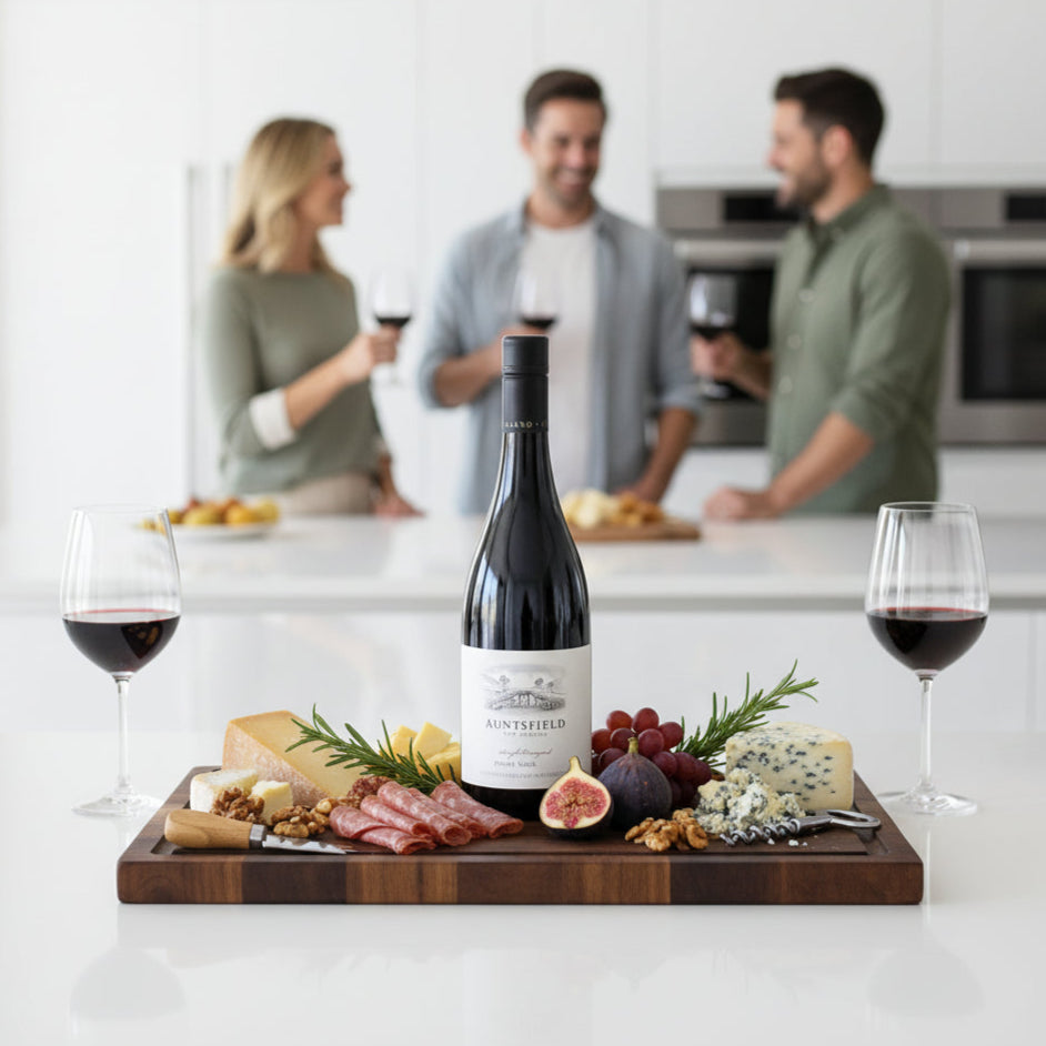 Auntsfield-Single-Vineyard-Pinot-Noir wine bottle on a charcuterie board with people in the background