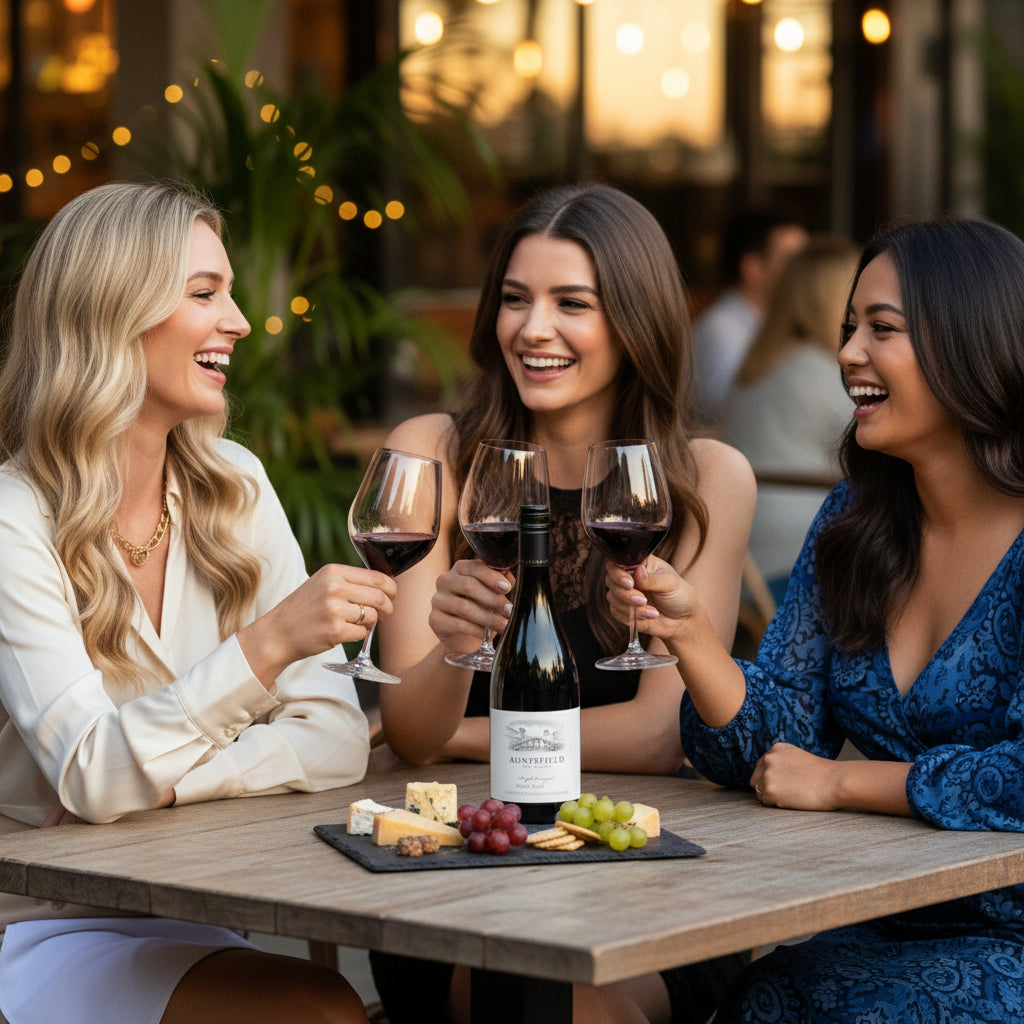 Load image into Gallery viewer, Three women enjoying Auntsfield Pinot Noir wine and snacks at a table outdoors.
