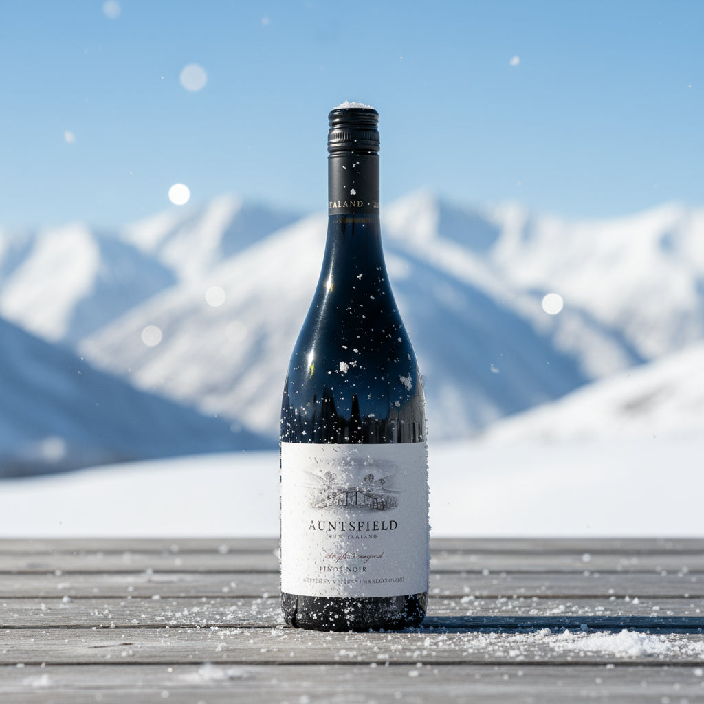 Auntsfield-Single-Vineyard-Pinot-Noir- wine bottle on a snowy surface with mountains in the background