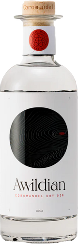 Awildian coromandel dry gin bottle with a white label and cork cap.