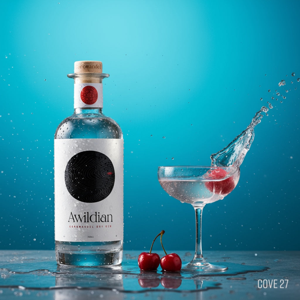 Load image into Gallery viewer, Bottle of Awildian Coromandel Dry gin with a cocktail glass and cherries on a blue background