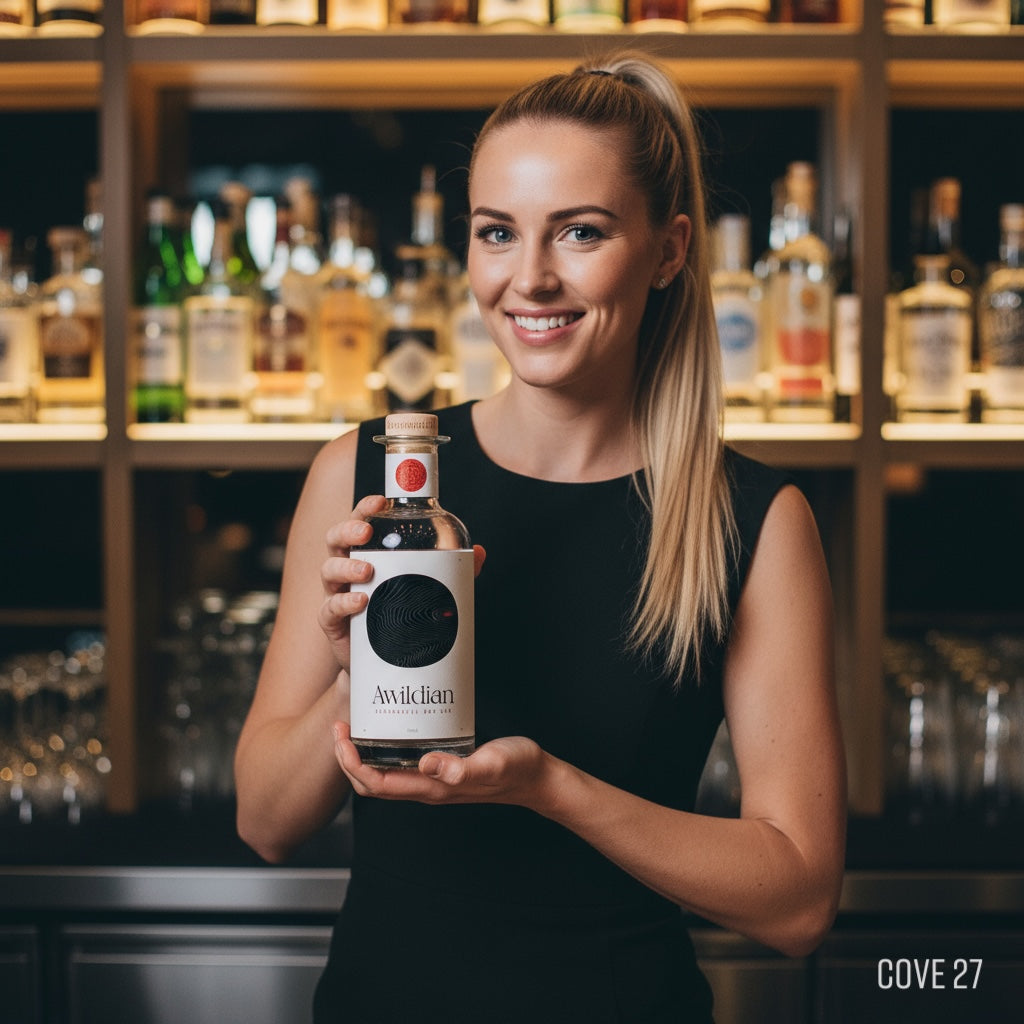 Load image into Gallery viewer, Woman bartender holding a bottle of Awildian Coromandel Dry Gin in a bar setting