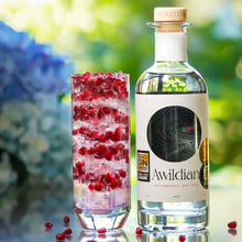 Load image into Gallery viewer, Bottle of Awildian Coromandel Dry Gin with a cocktail garnished with pomegranate seeds on a reflective surface with blurred floral background.