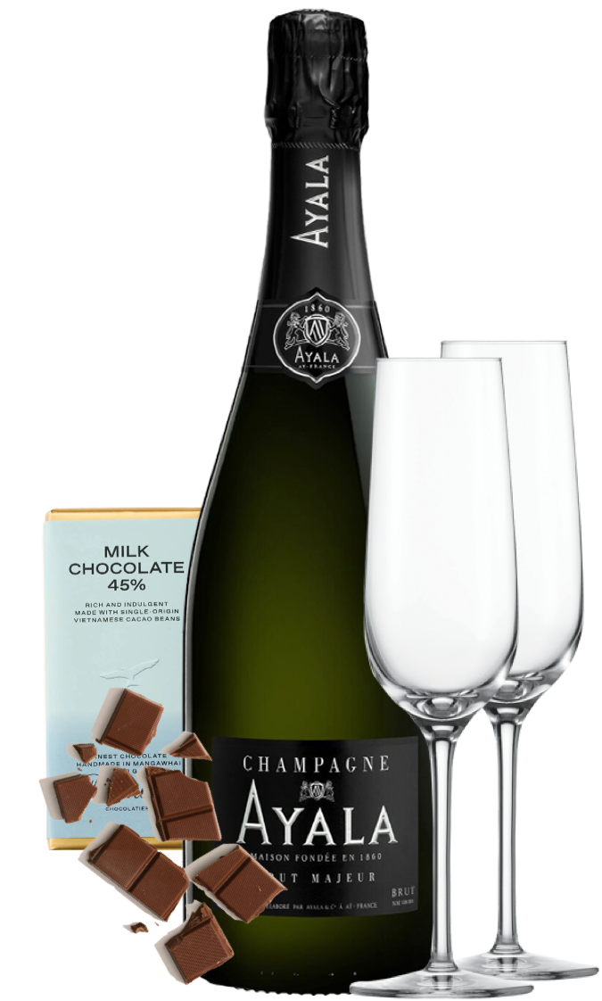 An image of the Ayala Brut Majeur Champagne Gift Box, including two flutes and a milk chocolate bar