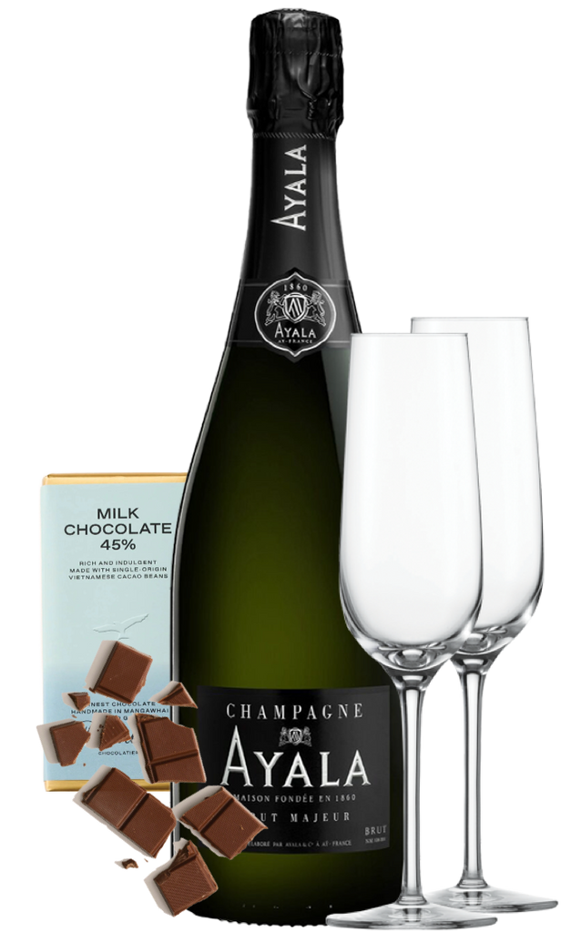 An image of the Ayala Brut Majeur Champagne Gift Box, including two flutes and a milk chocolate bar