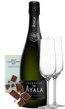 Load image into Gallery viewer, An image of the Ayala Brut Majeur Champagne Gift Box, including two flutes and a milk chocolate bar