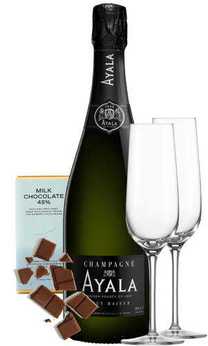 An image of the Ayala Brut Majeur Champagne Gift Box, including two flutes and a milk chocolate bar