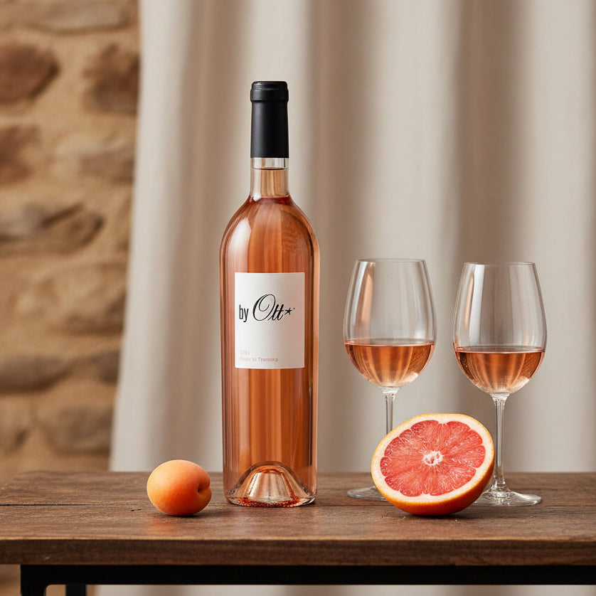 Load image into Gallery viewer, A bottle of By.Ott rosé wine with a white label reading 'by Ott' stands on a wooden table beside two filled wine glasses, a whole grapefruit, and a sliced grapefruit, with a stone wall and cream curtain in the background.