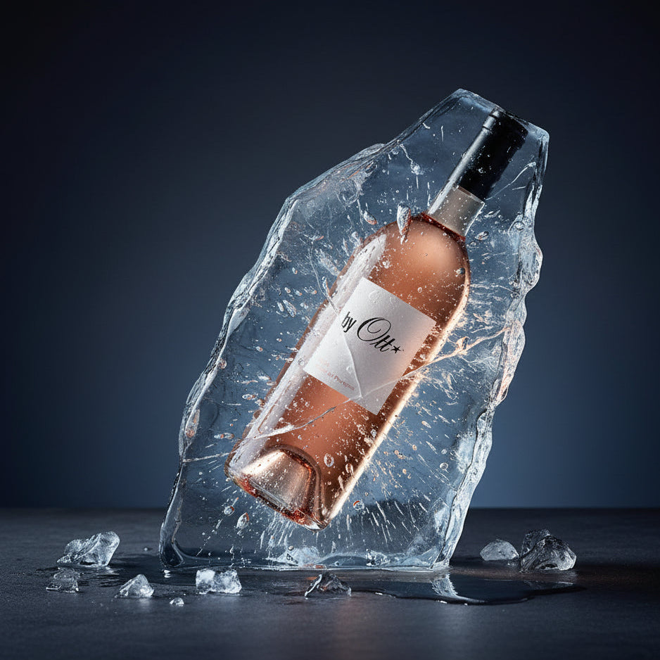 Load image into Gallery viewer, A bottle of By.Ott rosé wine sealed inside a large clear ice block, photographed on a dark studio surface with scattered ice pieces. The bottle label reads 'by Ott'.