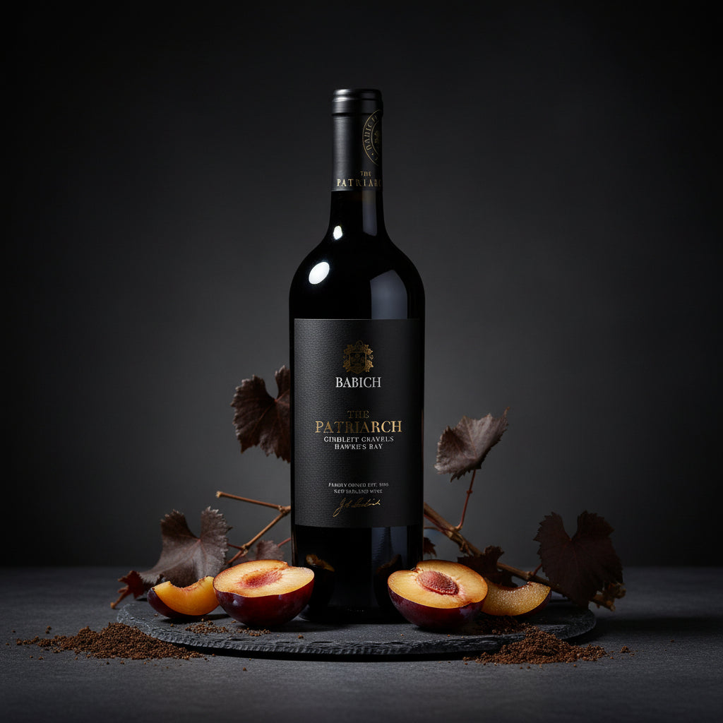 Load image into Gallery viewer, Bottle of Babich Patriach red wine with peaches and leaves on a dark background