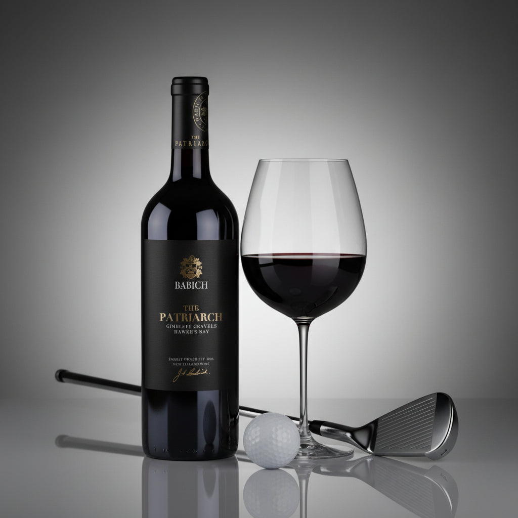 Load image into Gallery viewer, Babich Patriach Cabernet wine bottle and glass with golf club and ball on a reflective surface